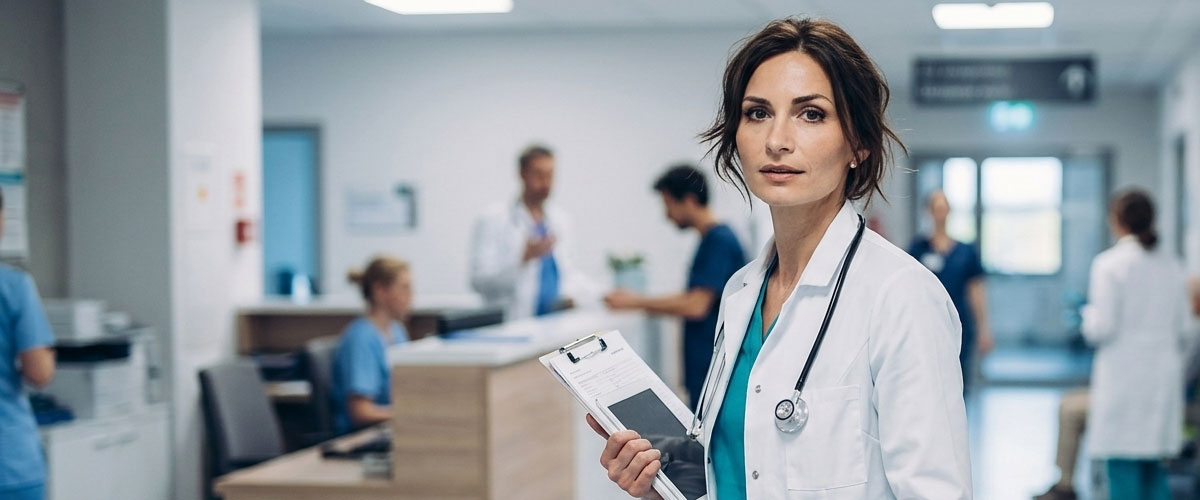 Vrouwelijke arts met stethoscoop in ziekenhuis, klaar voor diagnose.