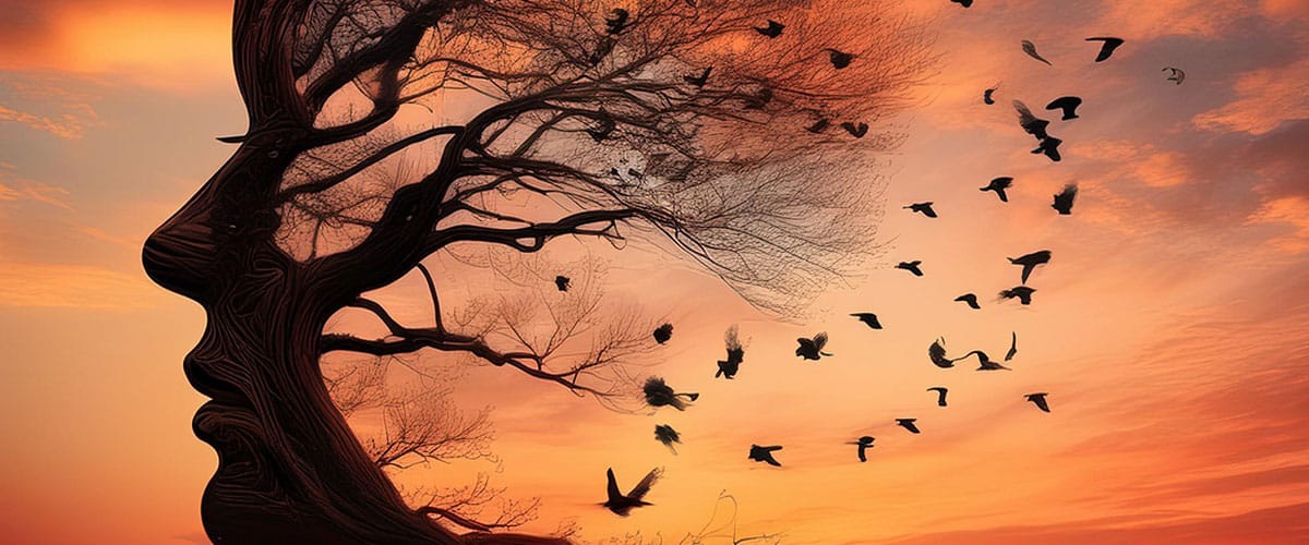 Gezicht met vogels en bomen