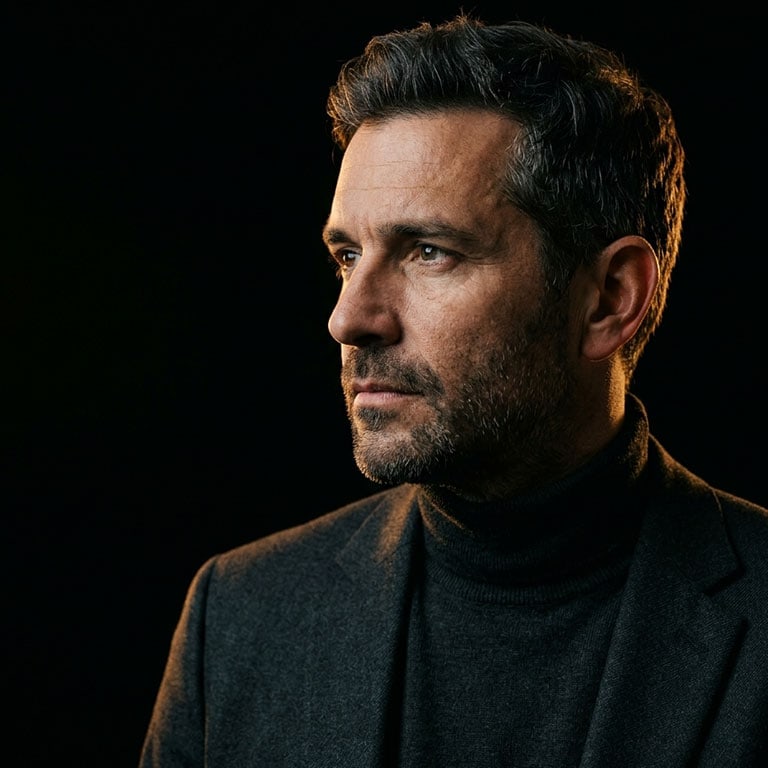 Man met baard kijkt ernstig