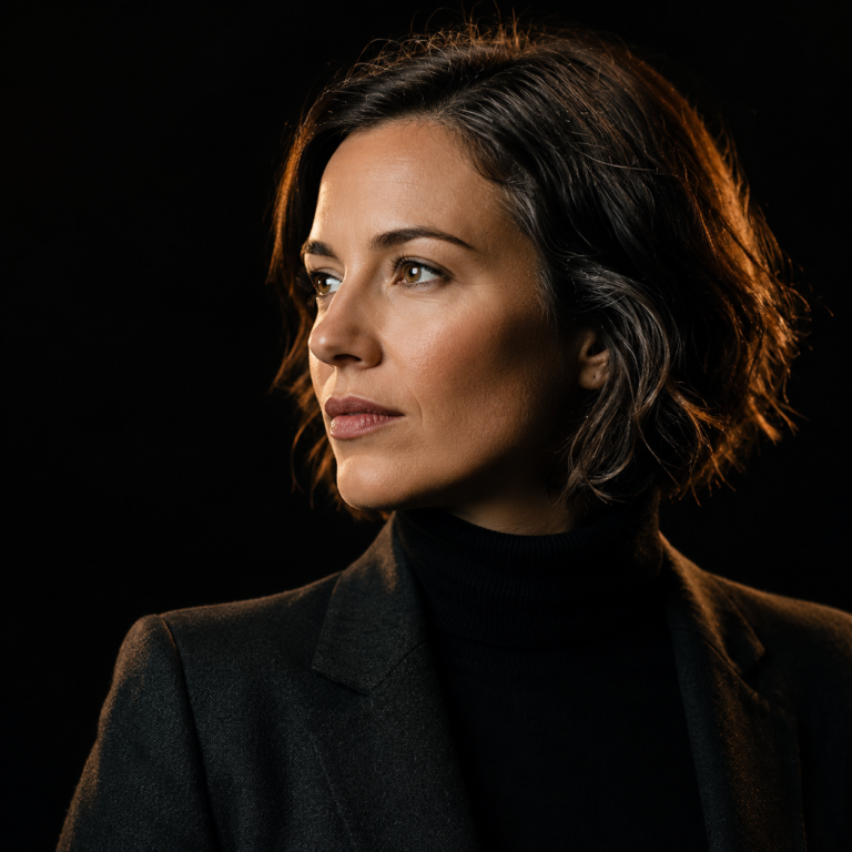 Vrouw met korte bruine haren, serieuze blik.